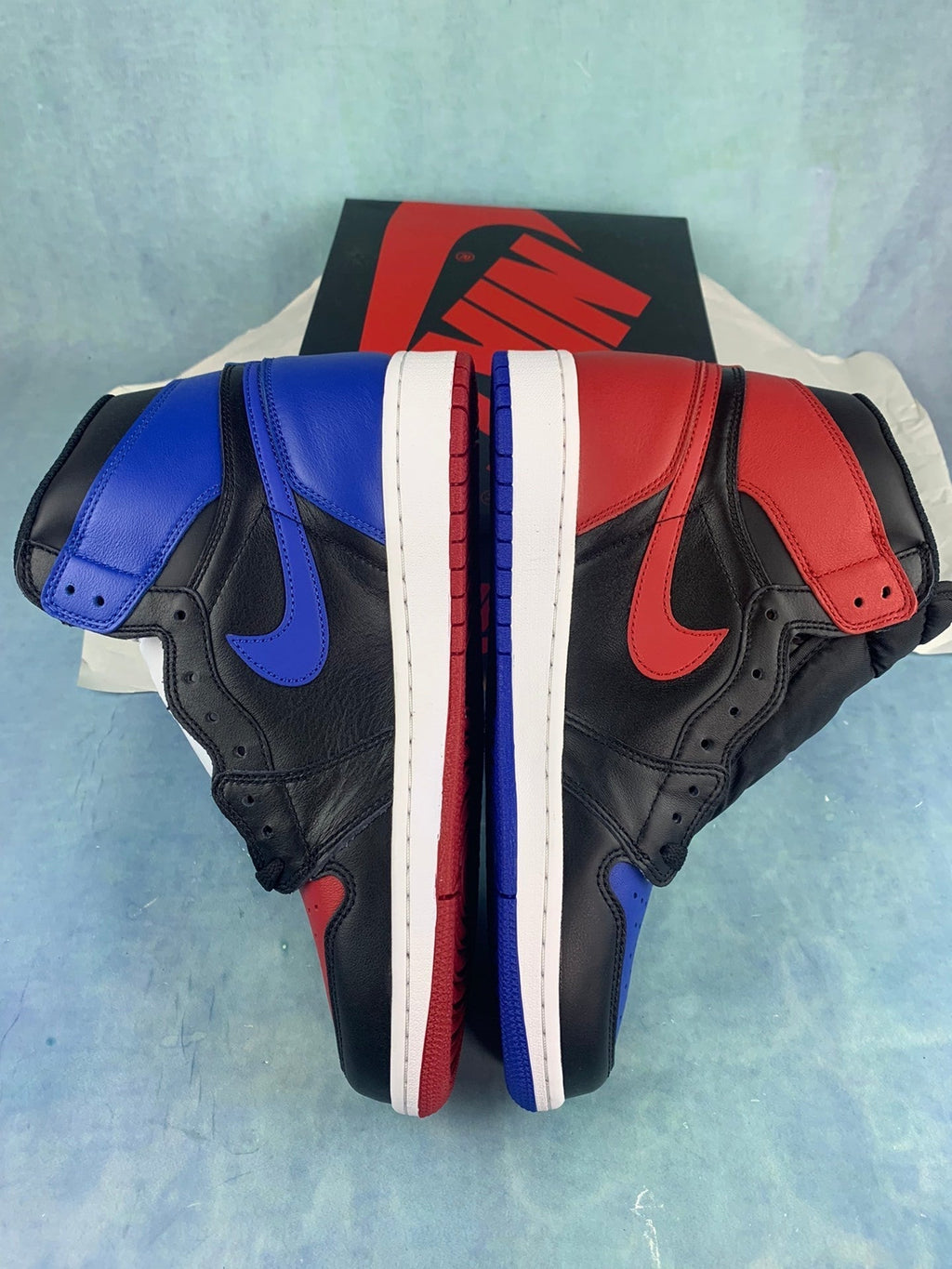 Air Jordan 1 High White, Blue, and Red Asymmetrical Pair Unisex Sneakers