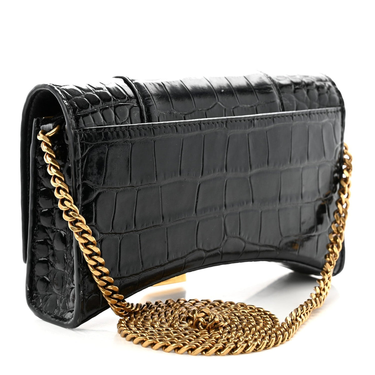 Shiny Calfskin Crocodile Embossed Hourglass Chain Bag Black