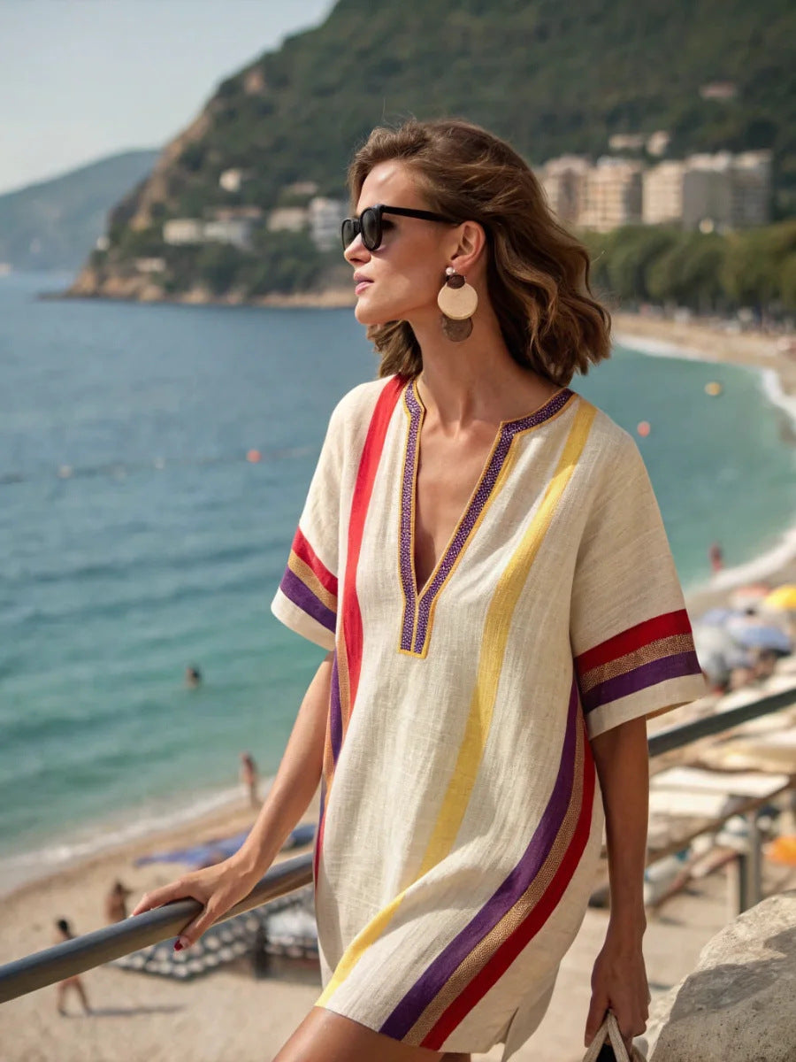 Women's Boho Striped-Trim V-Neck Short Kaftan Dress