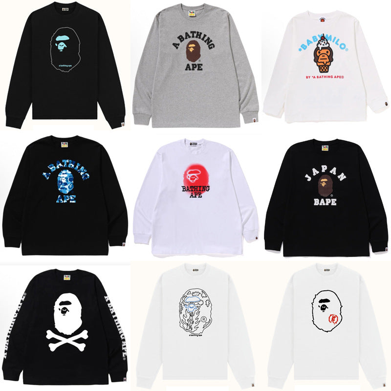 Bape Multi‑Ape‑Head Graphic Oversized Long Sleeve Tee Streetwear