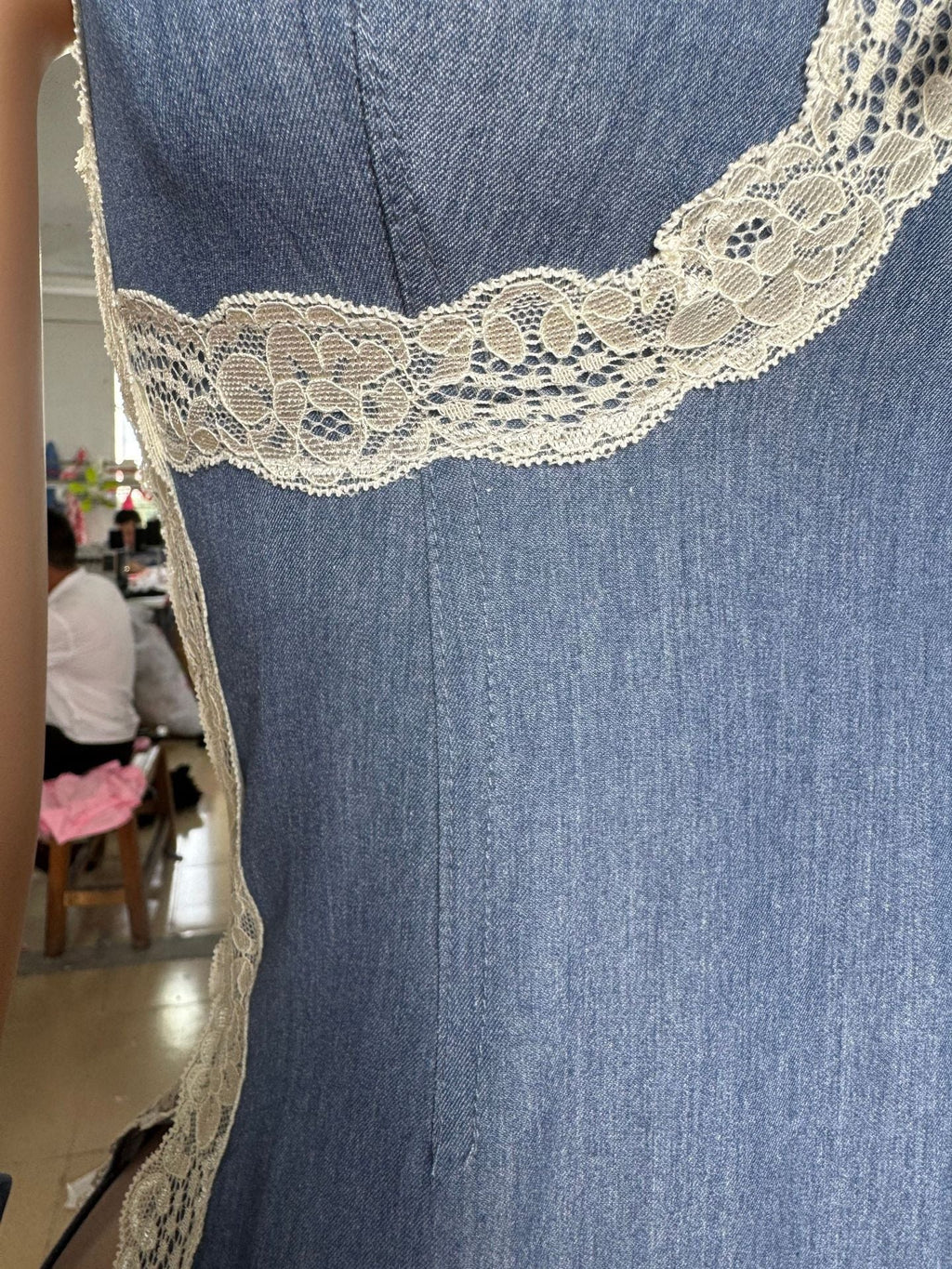 Lace-Trim Spaghetti-Strap Denim Bodycon Mini Dress Women