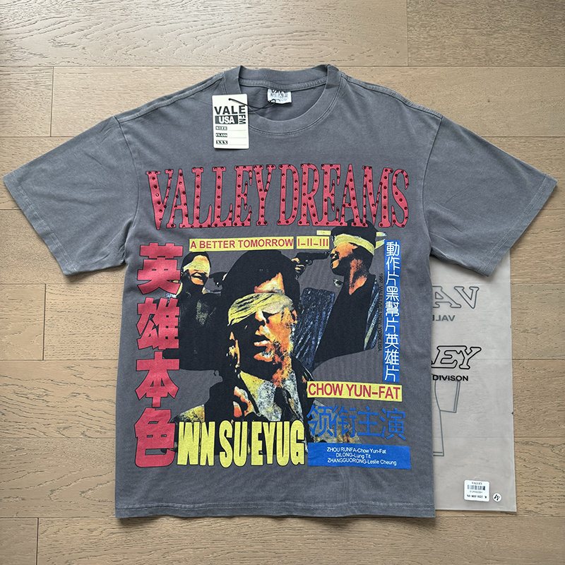 VALE USA Washed Gray Rhinestone Graphic T-Shirt