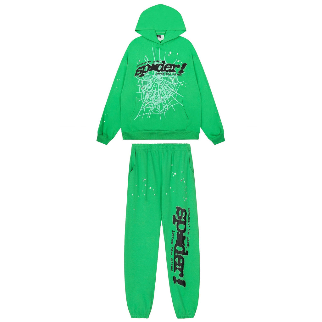 Sp5der Green Web Graphic Hoodie & Pants Matching Set