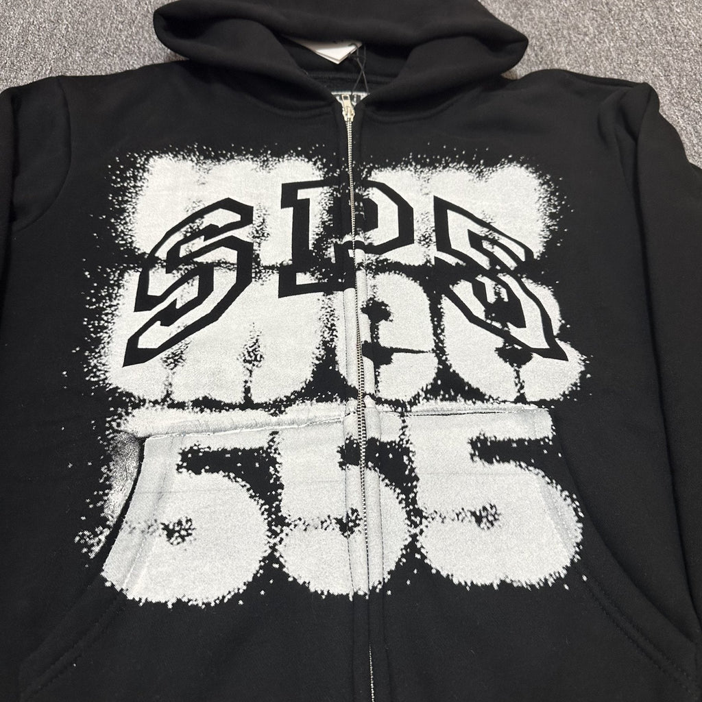 Sp5der Distressed Front Graphic Zip-Up Hoodie