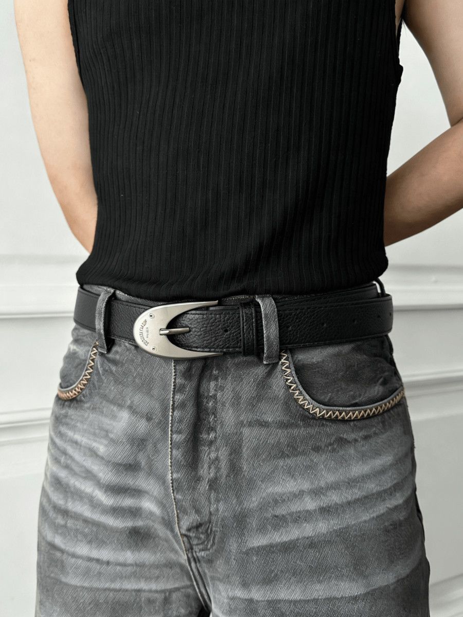 Full Grain Leather Belt Teardrop Wing Buckle Matte Silver Waist Belt