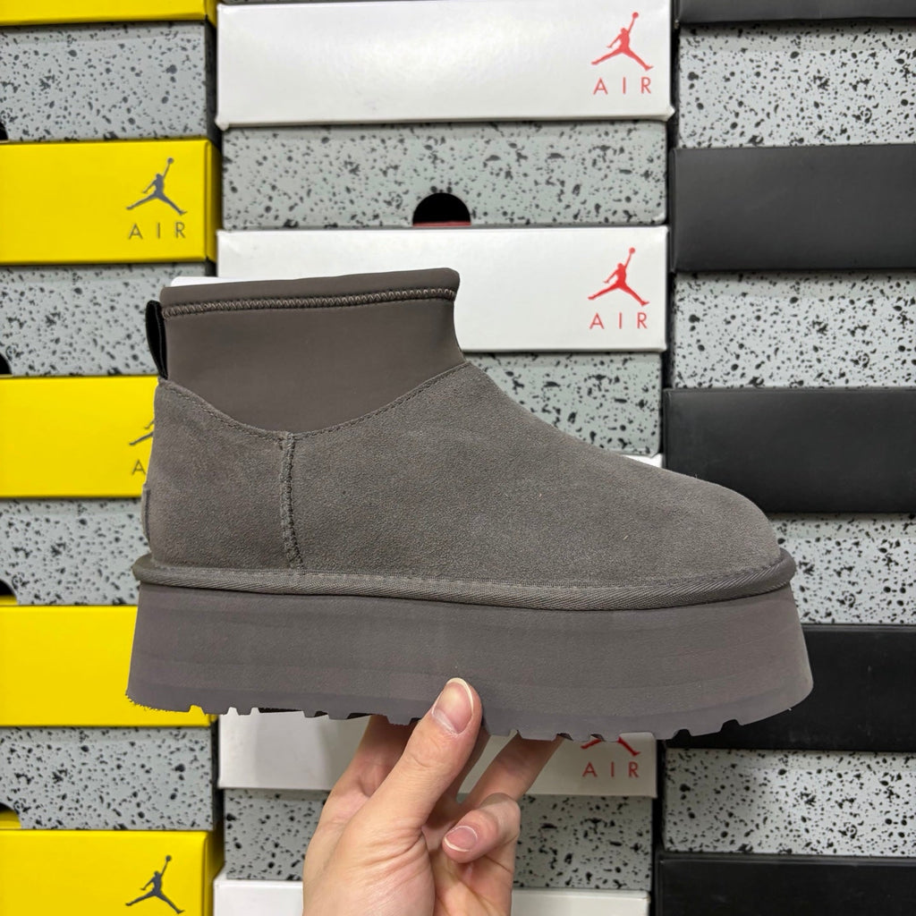 UGG Classic Mini Weather Hybrid Women's Boot – Suede & Stretch Collar Ankle Boot with Orange Pull Loop, UGG SugrSole & Weather-Resistant Construction in Grey