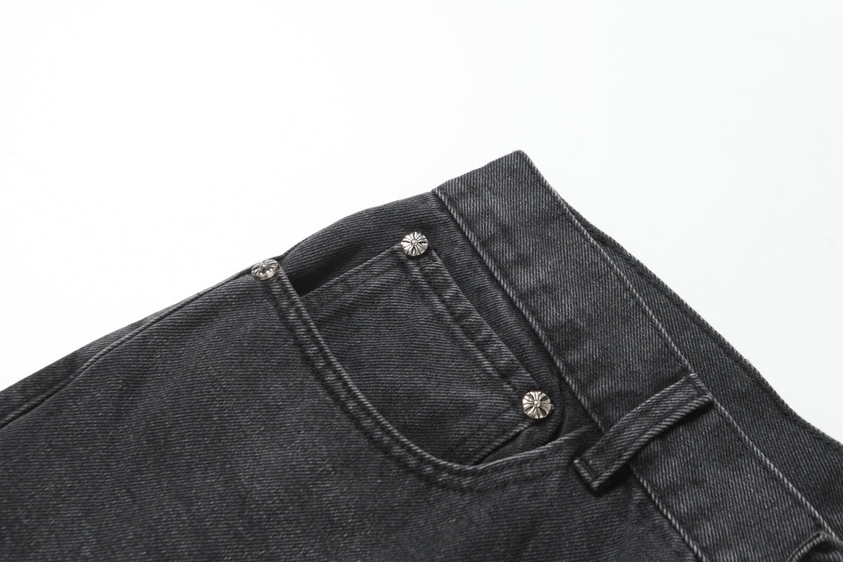 Chrome Hearts White & Black Leather Cross Patches Jeans