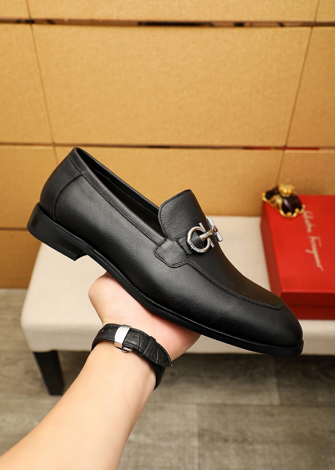 Ferragamo Black Textured Loafers