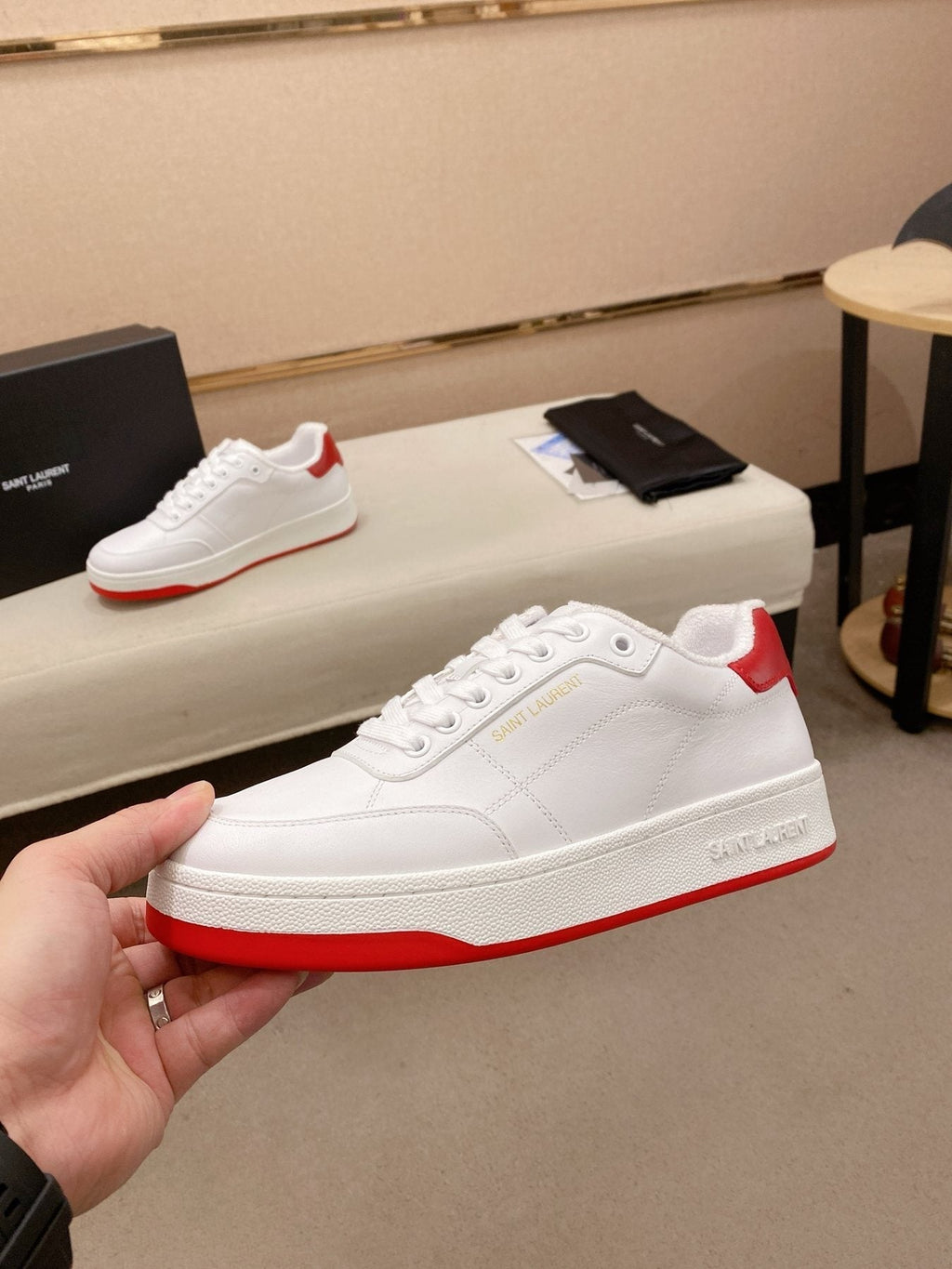 Saint Laurent White Red Perforated Low-Top Sneakers