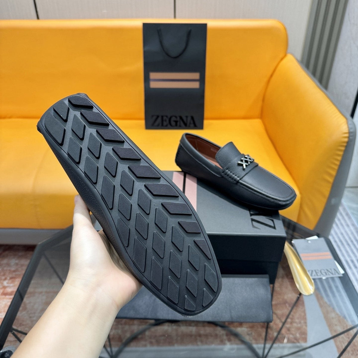 Zegna Black Cross-Stitch Driving Loafers