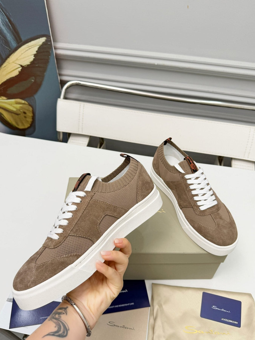 Santoni Taupe Brown Low-Top Sneakers