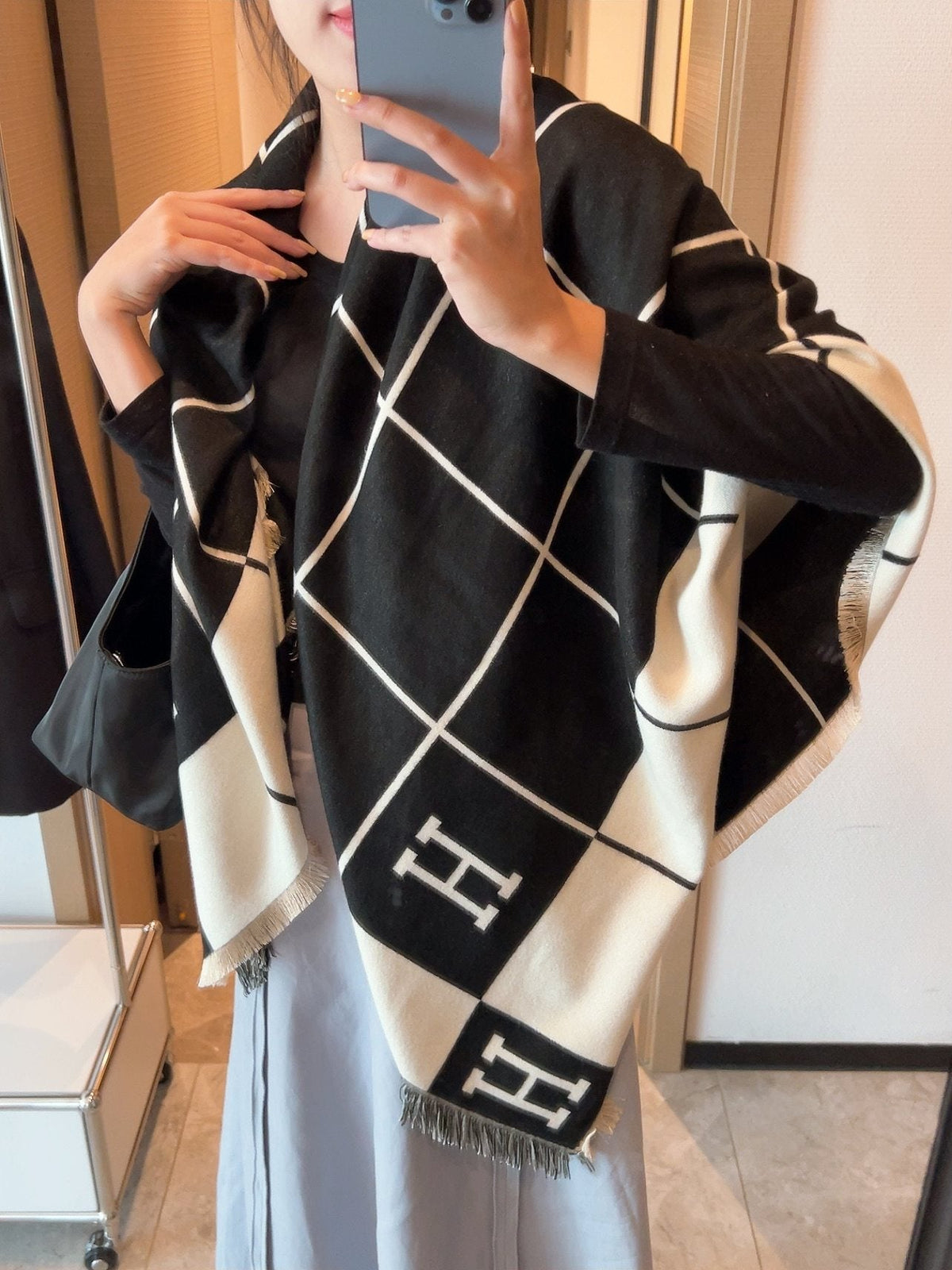 Hermès Black & Ivory Grid Square Scarf