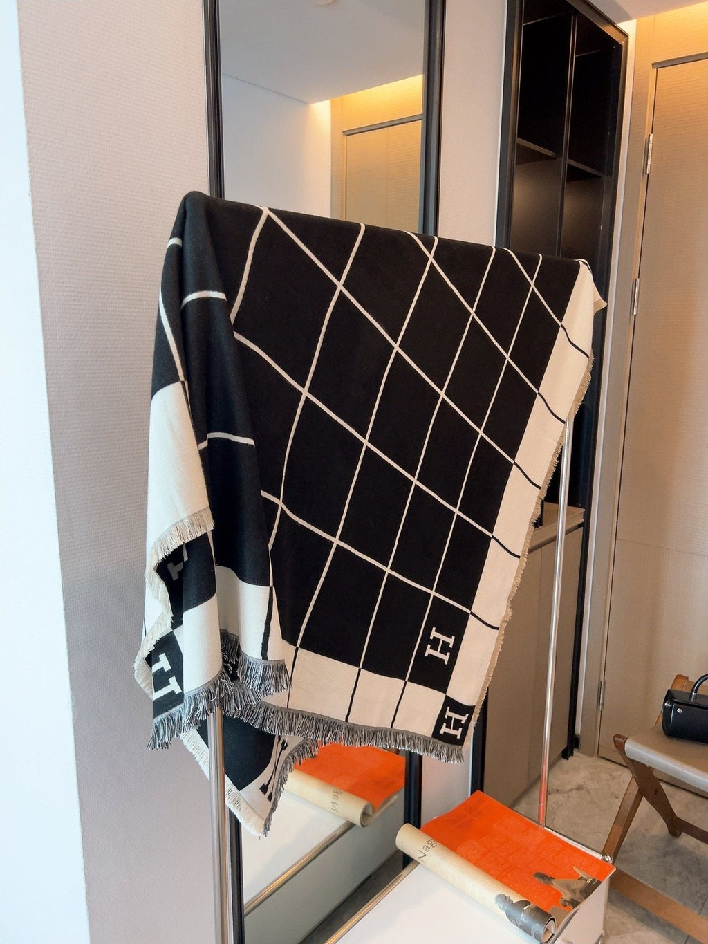 Hermès Black & Ivory Grid Square Scarf