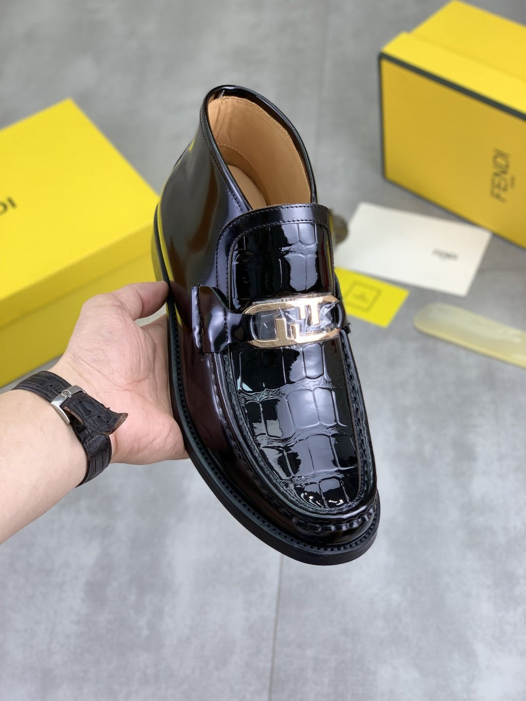 Fendi Men's Black Glossy Buckle Loafers