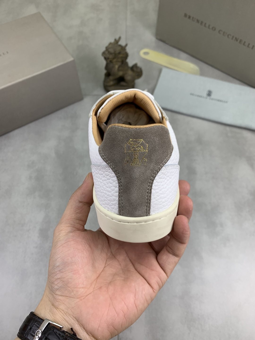 Brunello Cucinelli White and Taupe Low-Top Sneakers