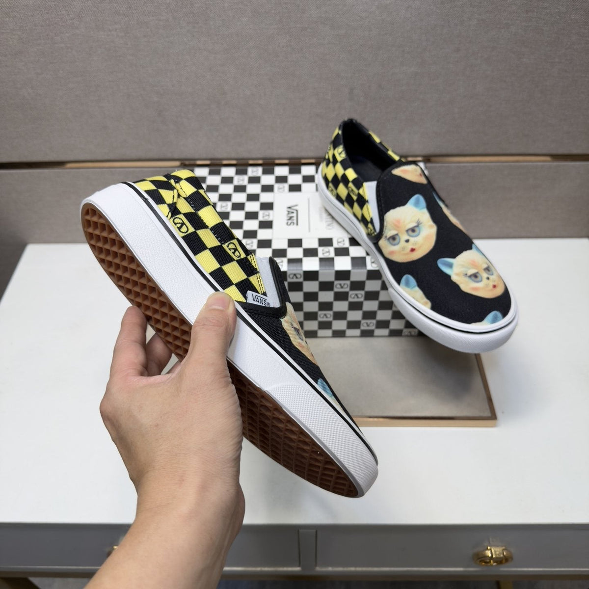 Vans Men's Teddy Bear Print Slip-On Shoes - Black, Yellow & White