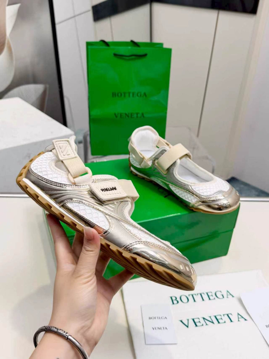Bottega Veneta White & Silver Strap Low-Top Sneakers
