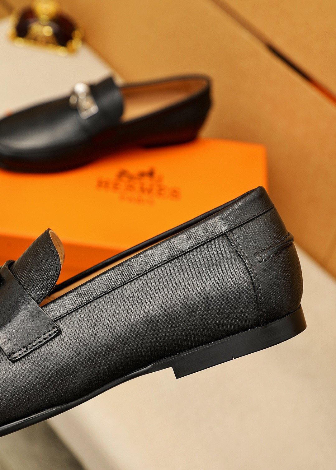 Hermes Black Leather Hardware Loafers