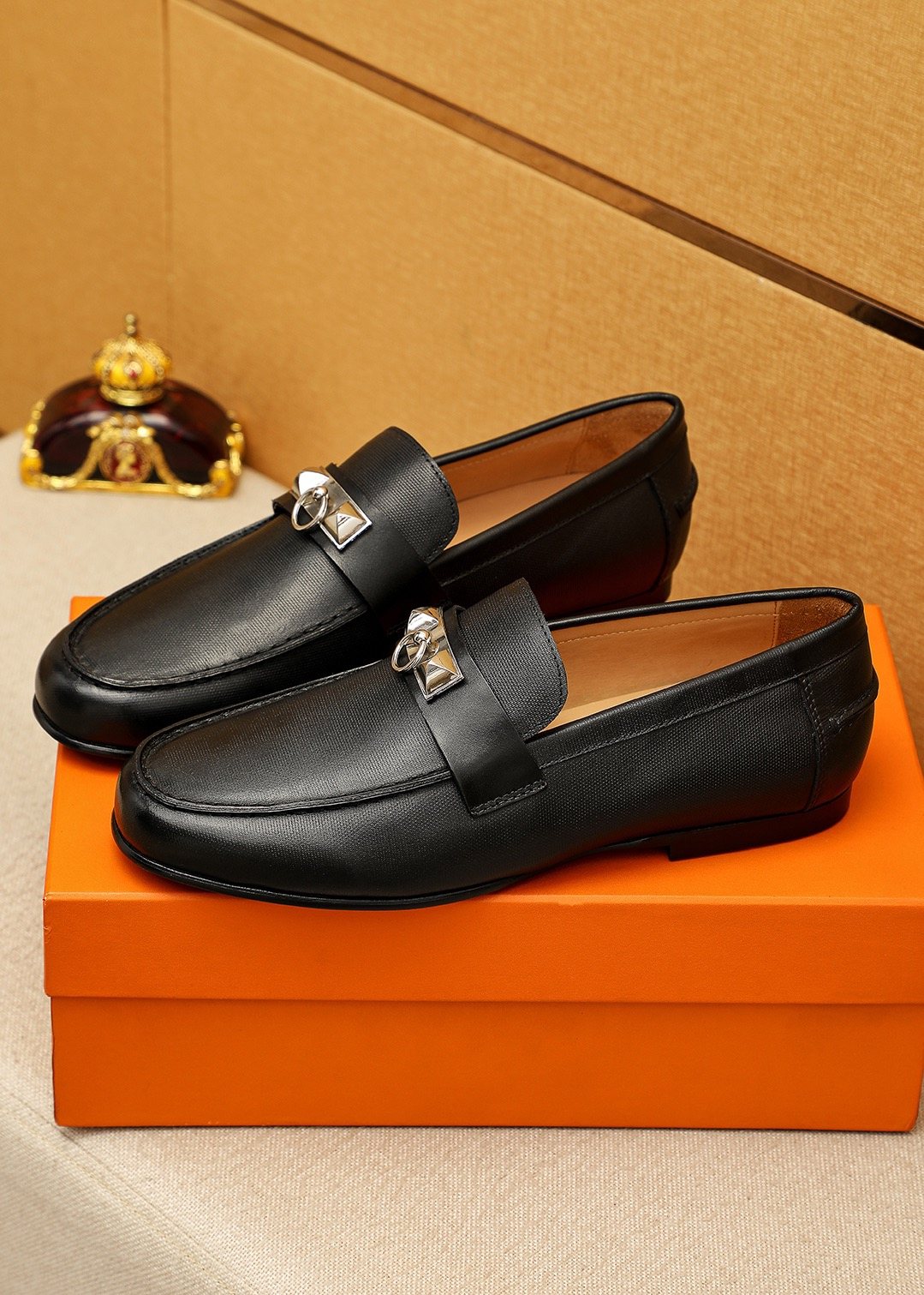 Hermes Black Leather Hardware Loafers