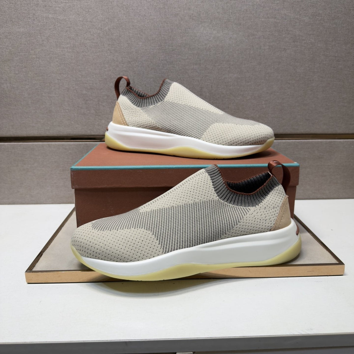 Men's Knit-Look Slip-On Sneakers - Light Gray, Beige & White
