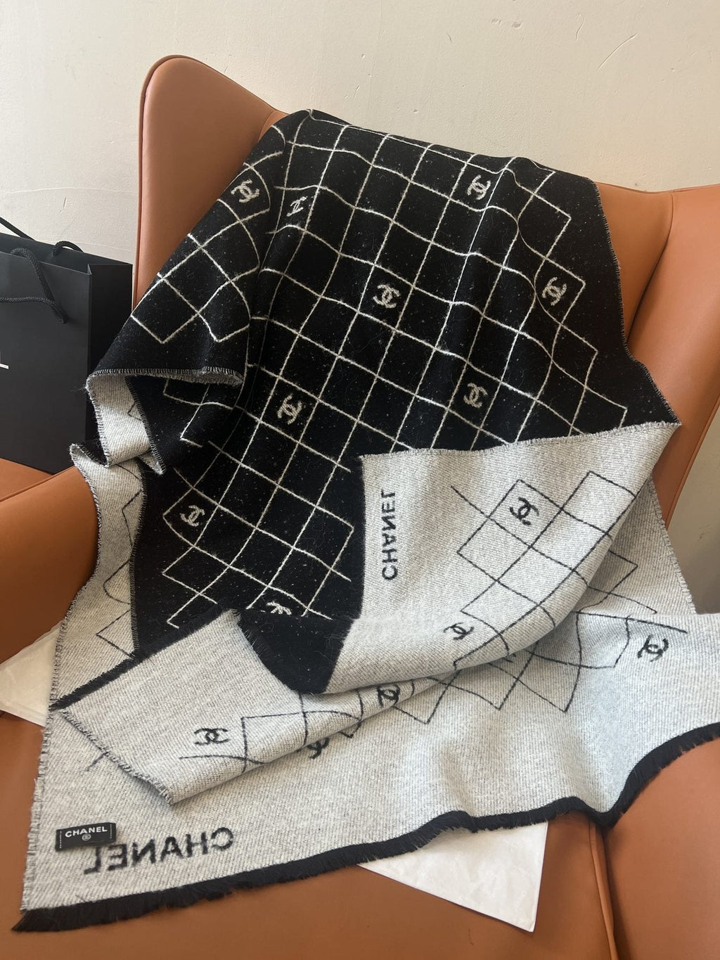 Chanel Black & Ivory Grid Shawl