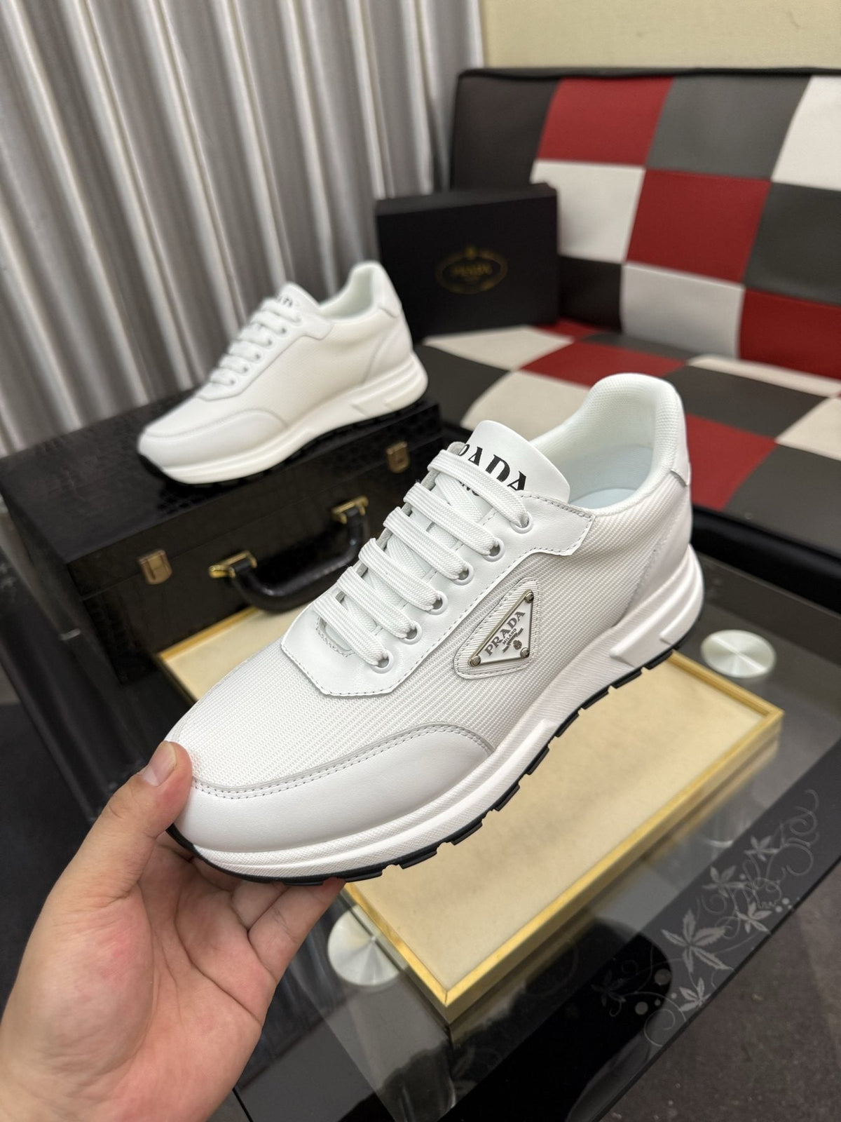Prada Men's White Textured Low-Top Sneakers