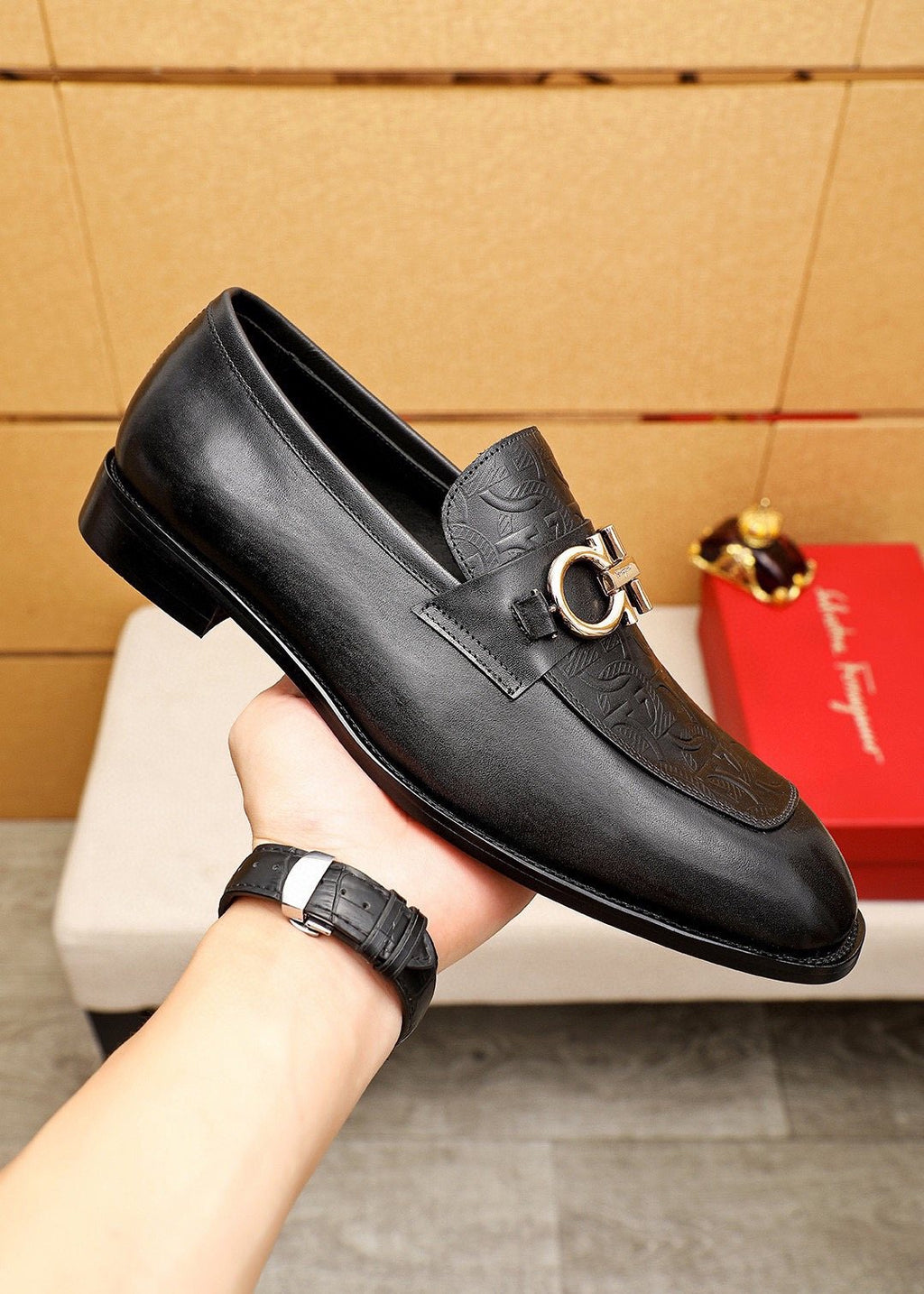 Ferragamo Men's Black Embossed Buckle Loafers - Metal Vamp Hardware
