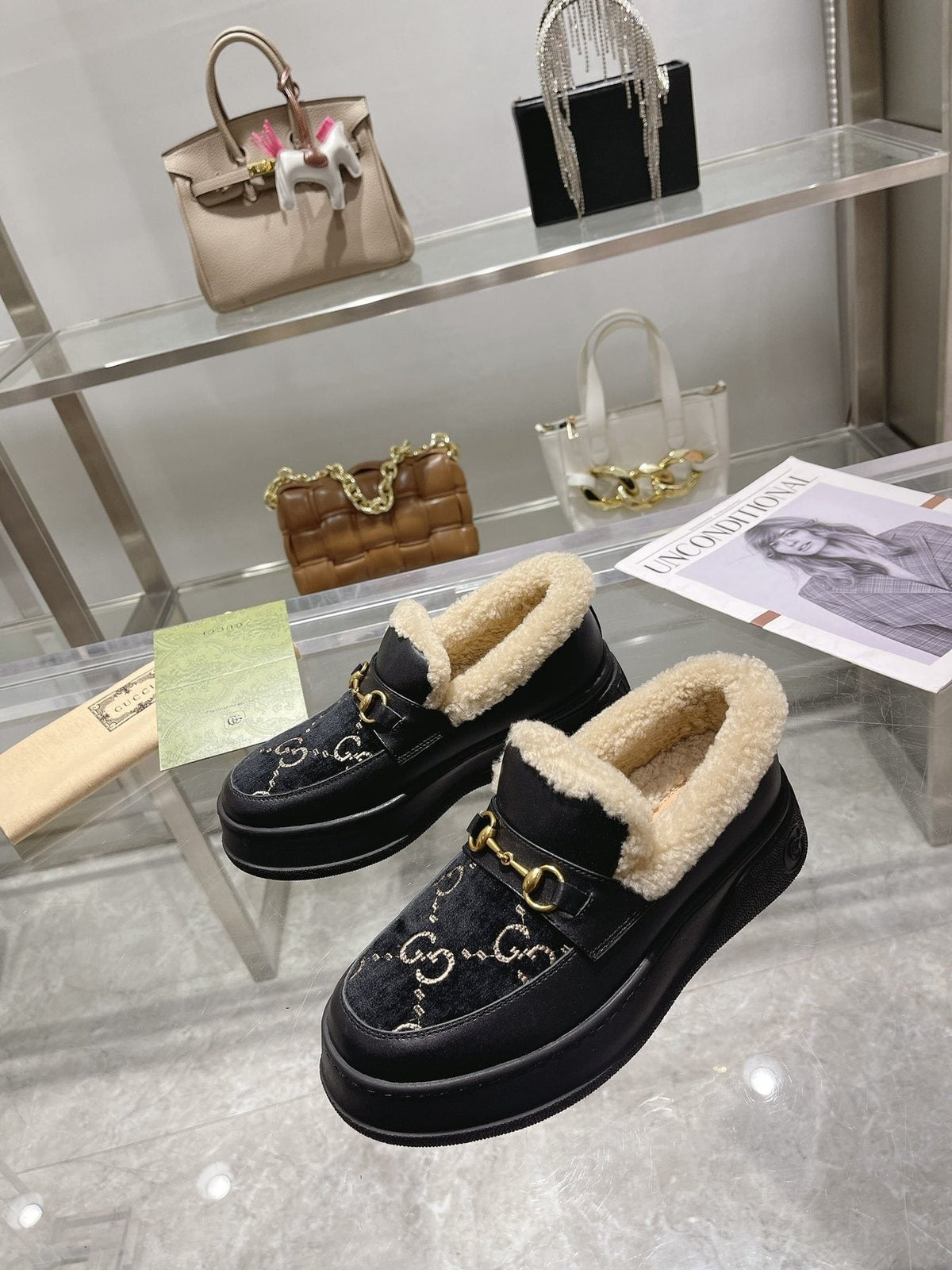 Gucci Patterned Plush-Lined Slip-On Shoes