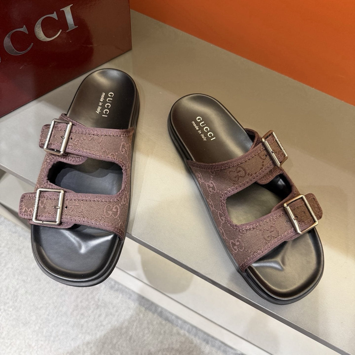 Gucci Men's Double-Buckle Monogram Slide Sandals