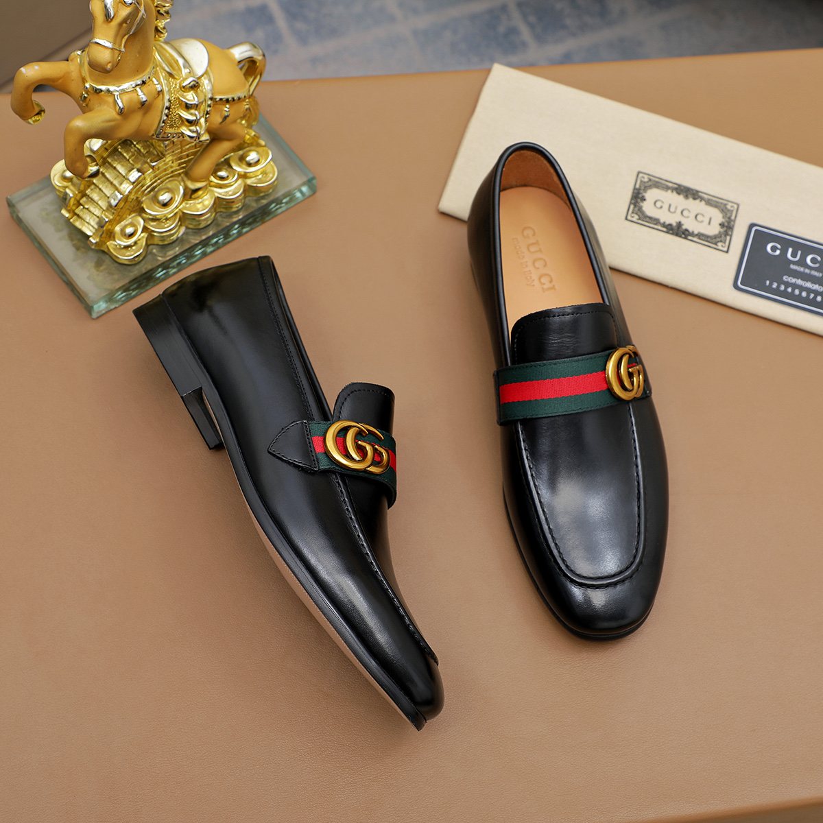 Gucci Striped-Strap Apron-Toe Loafers