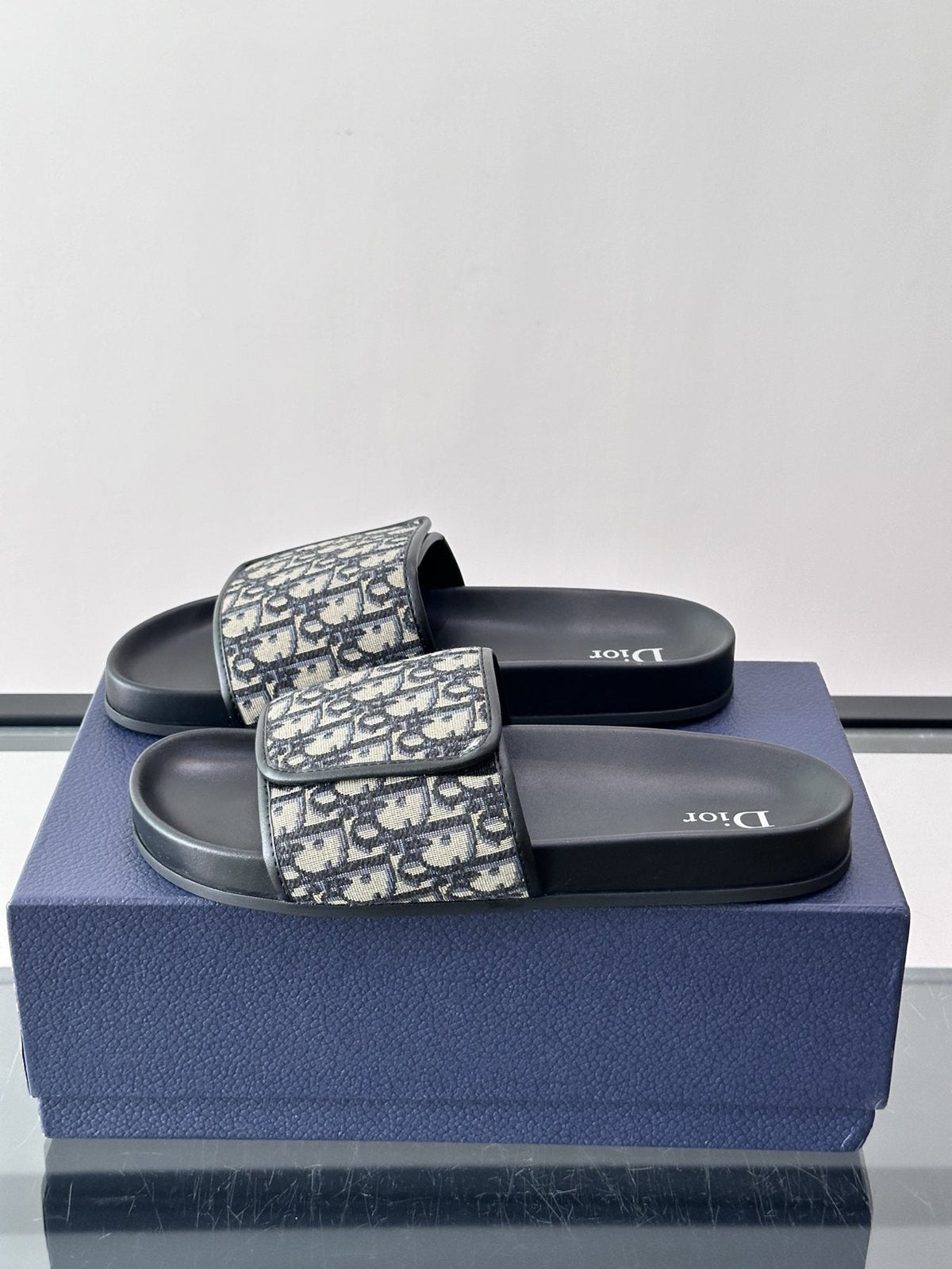 Dior Patterned Strap Slide Sandals - Black Sole