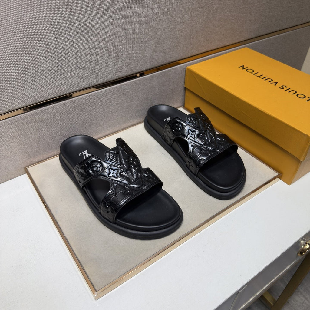 Louis Vuitton Men's Textured Monogram Slide Sandals